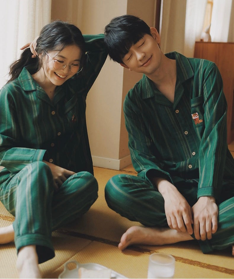 Green striped pajama set, Raccoon embroidery PJS, 100% cotton Matching PJS, Couple Pajamas, Valentine's Day Gift