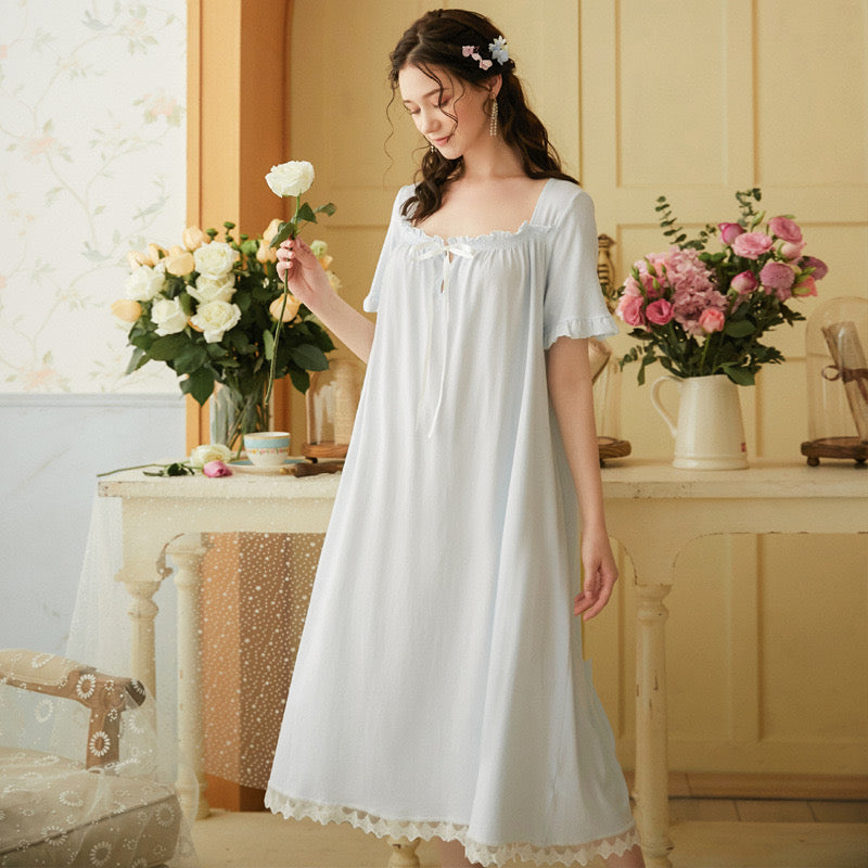 Vintage blue night gown, Elegant Lace Deco dress, Cozy cotton Nightie, Vintage nightie