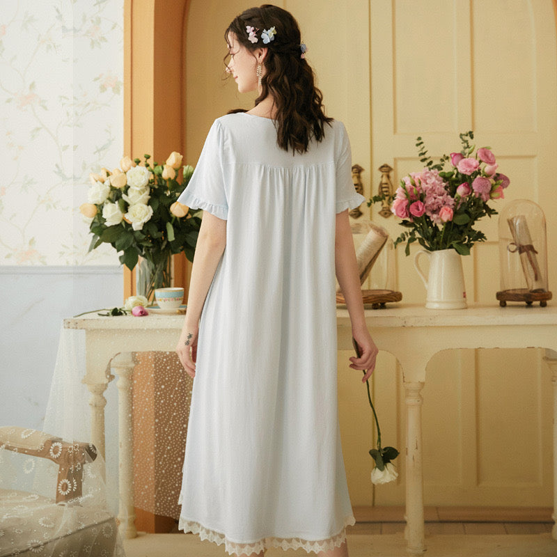 Vintage blue night gown, Elegant Lace Deco dress, Cozy cotton Nightie, Vintage nightie
