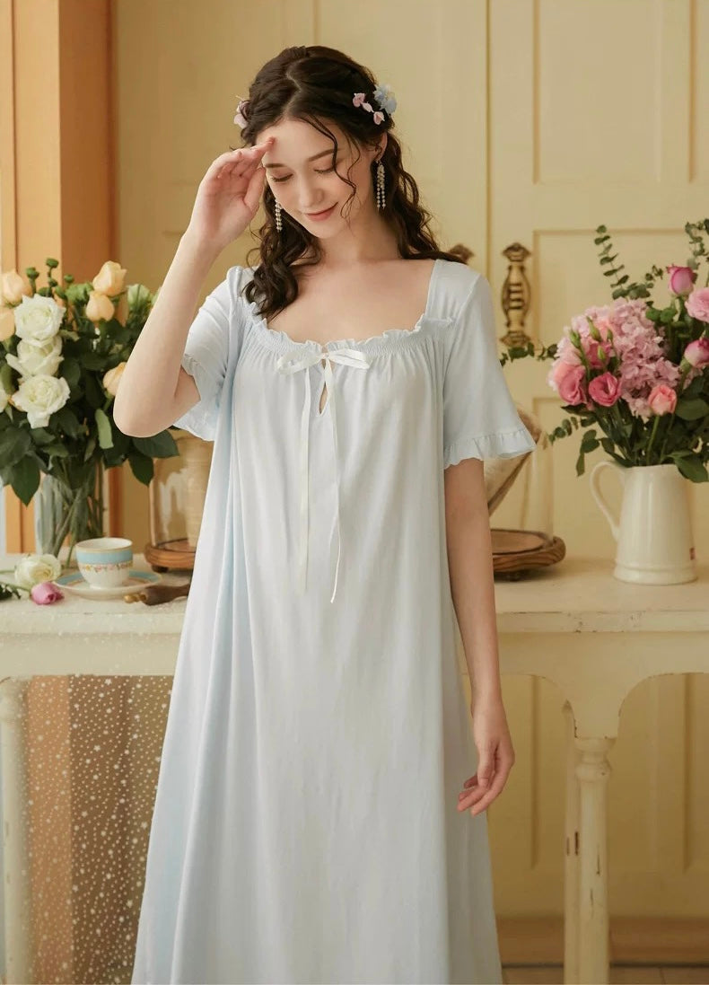Vintage blue night gown, Elegant Lace Deco dress, Cozy cotton Nightie, Vintage nightie