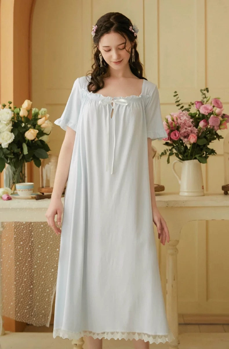 Vintage blue night gown, Elegant Lace Deco dress, Cozy cotton Nightie, Vintage nightie