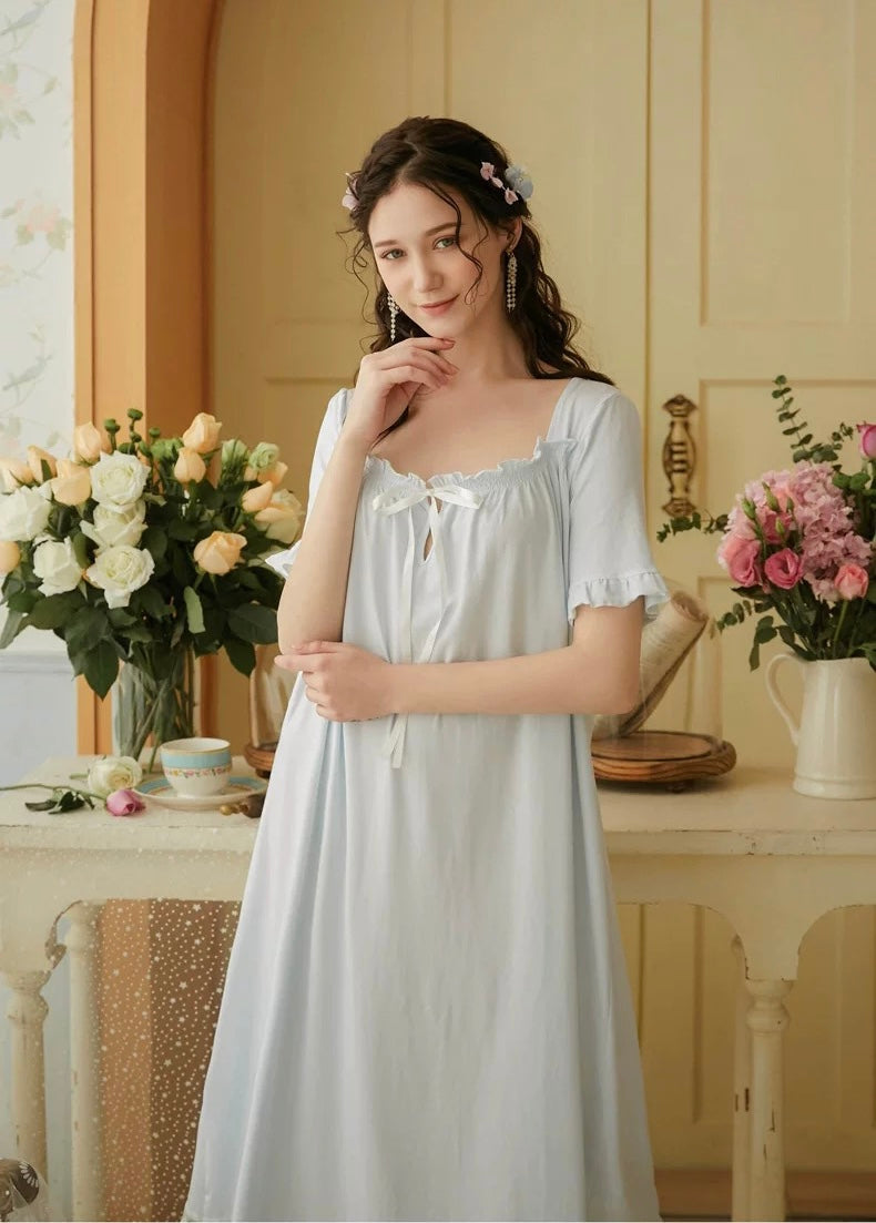 Vintage blue night gown, Elegant Lace Deco dress, Cozy cotton Nightie, Vintage nightie
