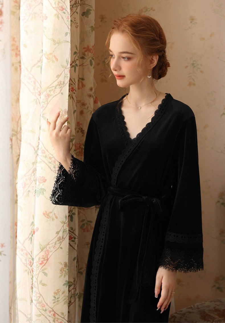 Elegant Black Velvet Kimono Robe - Luxurious Nightgown Robe for Spa, Pool, Yoga, and Meditation