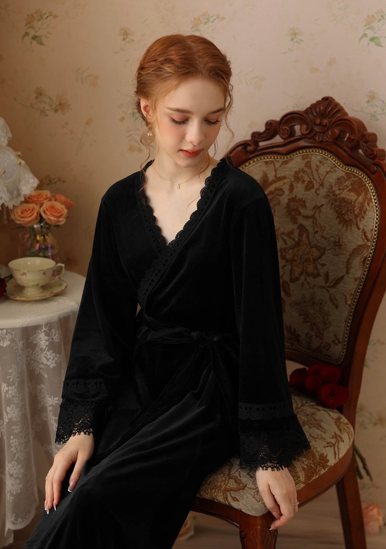 Elegant Black Velvet Kimono Robe - Luxurious Nightgown Robe for Spa, Pool, Yoga, and Meditation