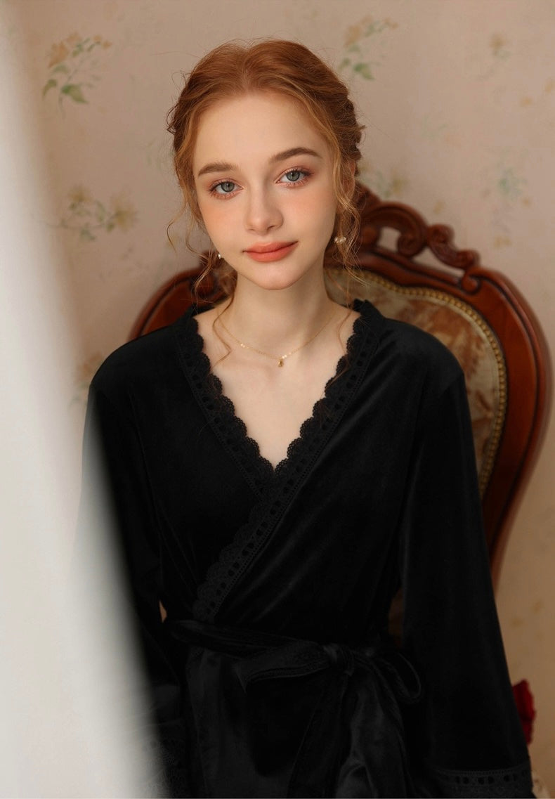 Elegant Black Velvet Kimono Robe - Luxurious Nightgown Robe for Spa, Pool, Yoga, and Meditation