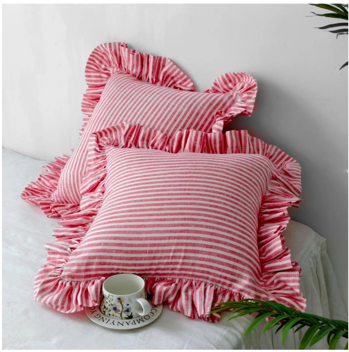 Striped Linen Throw Pillow Cover with Ruffle Edge, Custom Colors product image