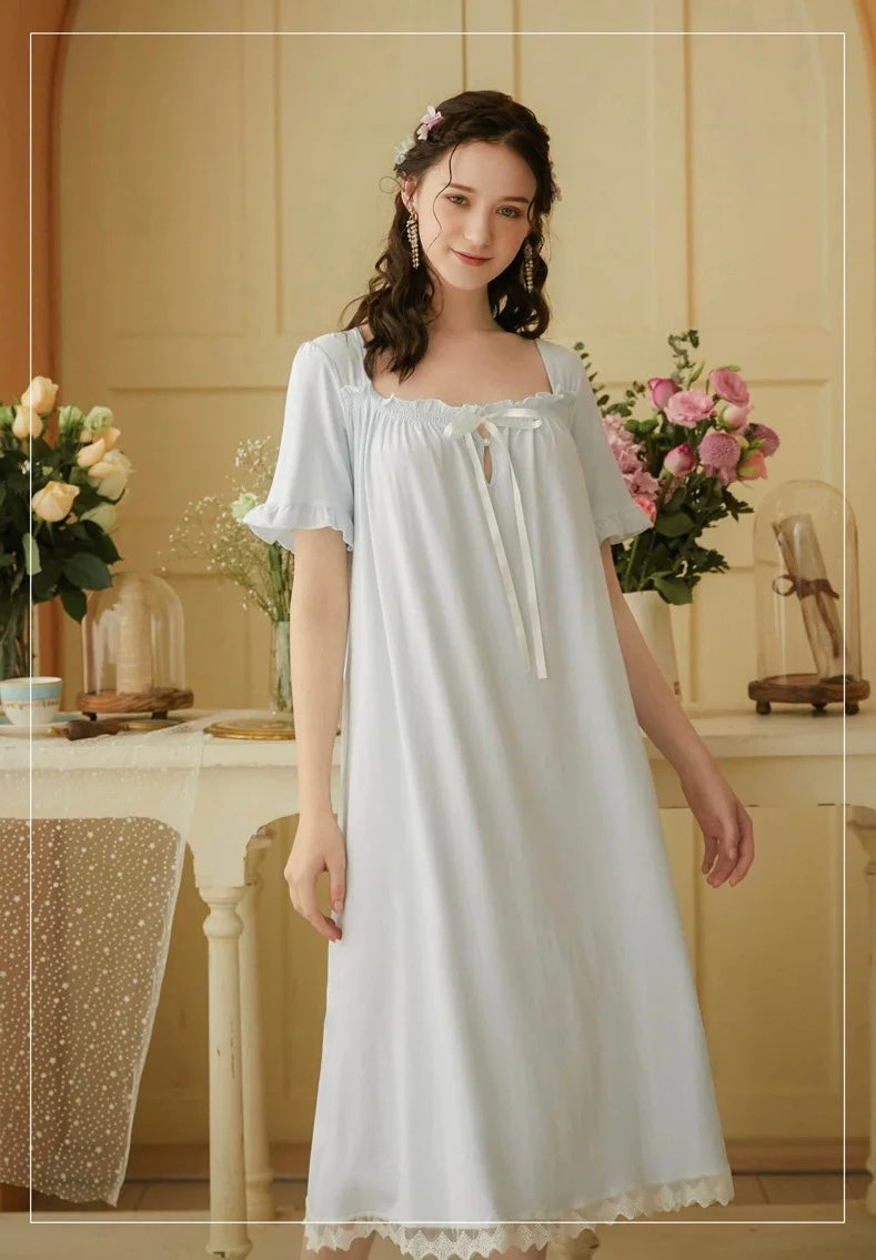Vintage blue night gown, Elegant Lace Deco dress, Cozy cotton Nightie, Vintage nightie
