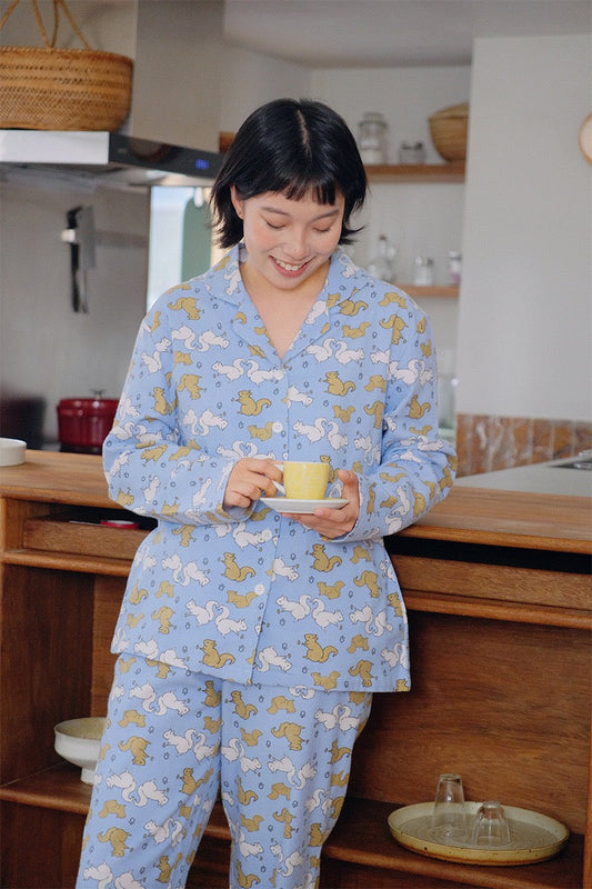 Soft Sky-Blue Squirrel Pajamas for Cozy Mornings & Slow Living | Comfort Cotton Loungewear