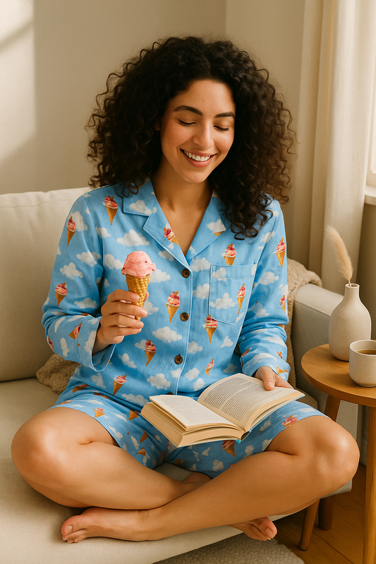 Ice Cream Print Pajama Set – Cute Cotton Loungewear for Women & Teens