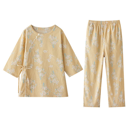 Elegant flora Kimono PJS, Vintage Cotton pyjama set, Traditional Cozy sleepwear, Yellow Kimono loungewear