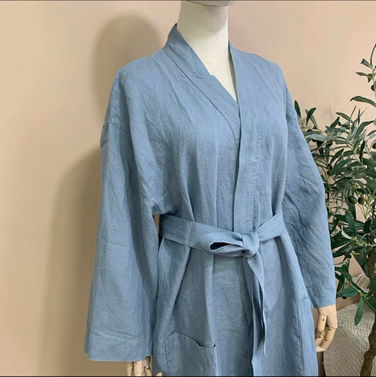 Handmade Linen Bathrobe – Unisex Spa Robe, Custom Color Dressing Gown