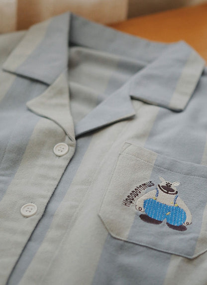 Funny Hippo EMB matching pajamas, Sky Blue striped Couple Pajymas, Cartoon PJS, 100% cotton PJS,