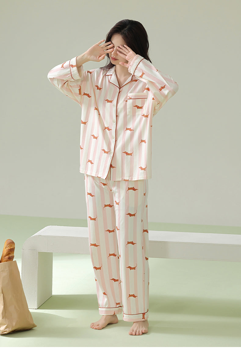 Sausage Dog Print Women Pajamas, Pink Striped PJ Set, 100% cotton PJS, Soft and Cozy Loungewear