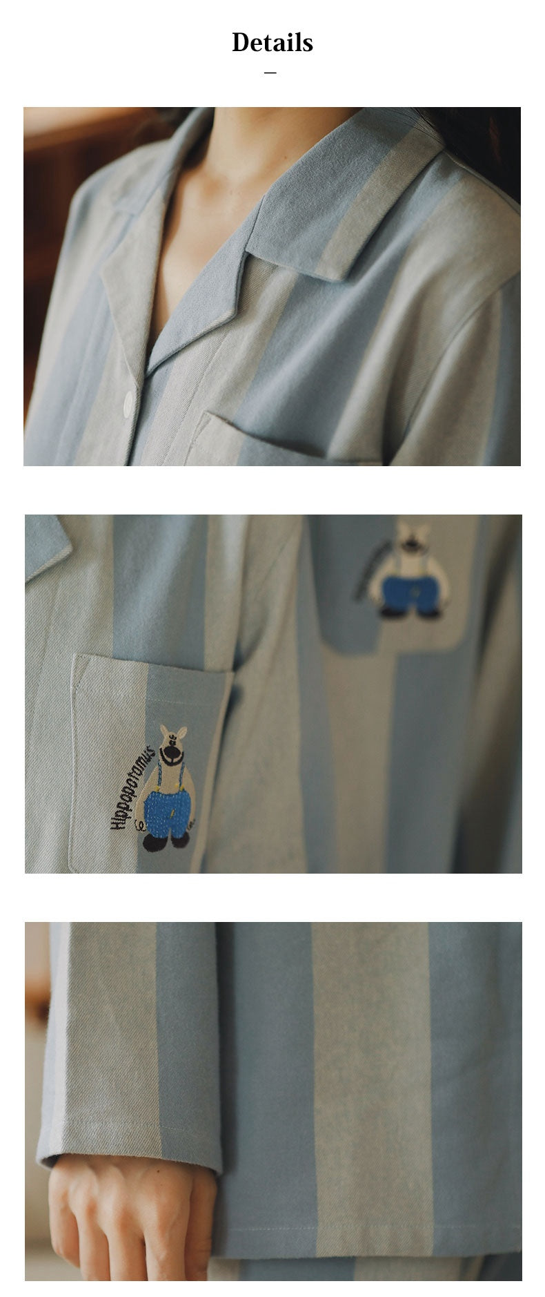 Funny Hippo EMB matching pajamas, Sky Blue striped Couple Pajymas, Cartoon PJS, 100% cotton PJS,
