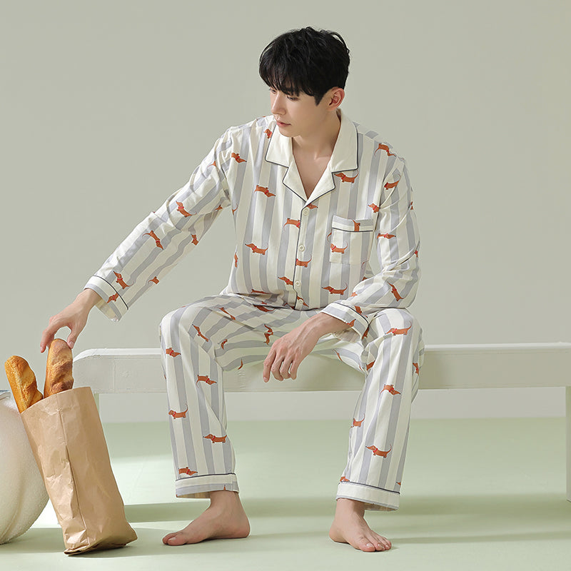 Dachshund Patterned Pajamas: Adorable Puppy-Print Sleepwear, 100% Cotton Men's Pyjamas, Ideal Gift for Him