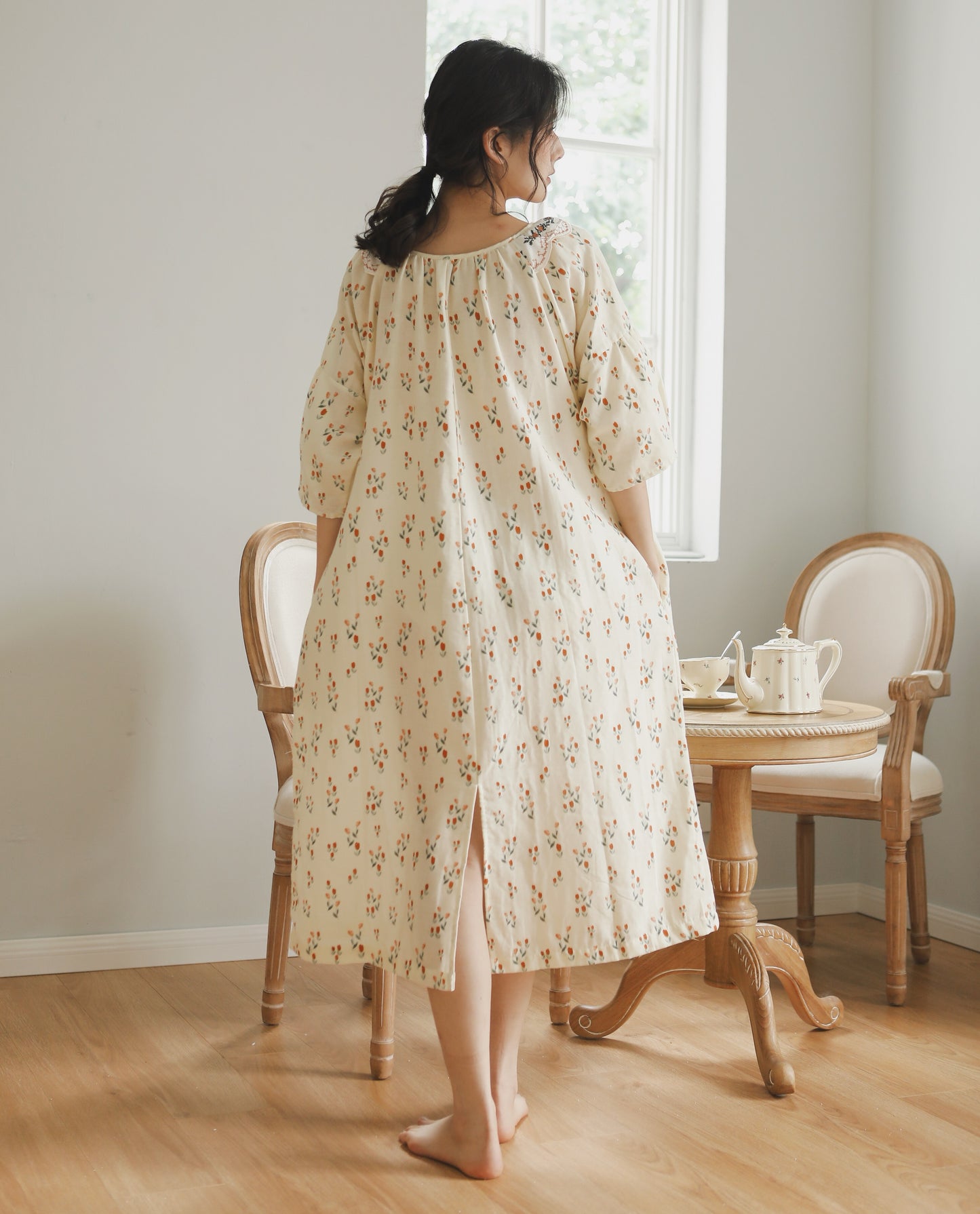 Flora Embroidery Cottagecore Dress: Cozy Loose-Fit Nightie with Cotton Comfort