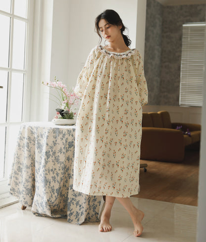 Flora Embroidery Cottagecore Dress: Cozy Loose-Fit Nightie with Cotton Comfort