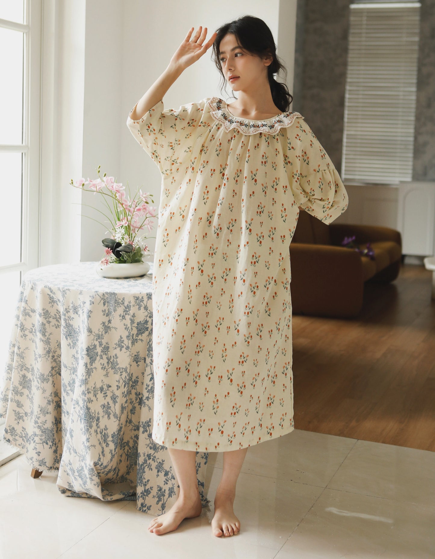 Flora Embroidery Cottagecore Dress: Cozy Loose-Fit Nightie with Cotton Comfort