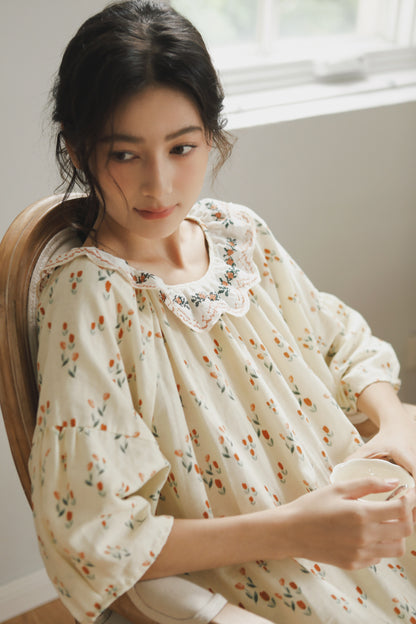 Flora Embroidery Cottagecore Dress: Cozy Loose-Fit Nightie with Cotton Comfort