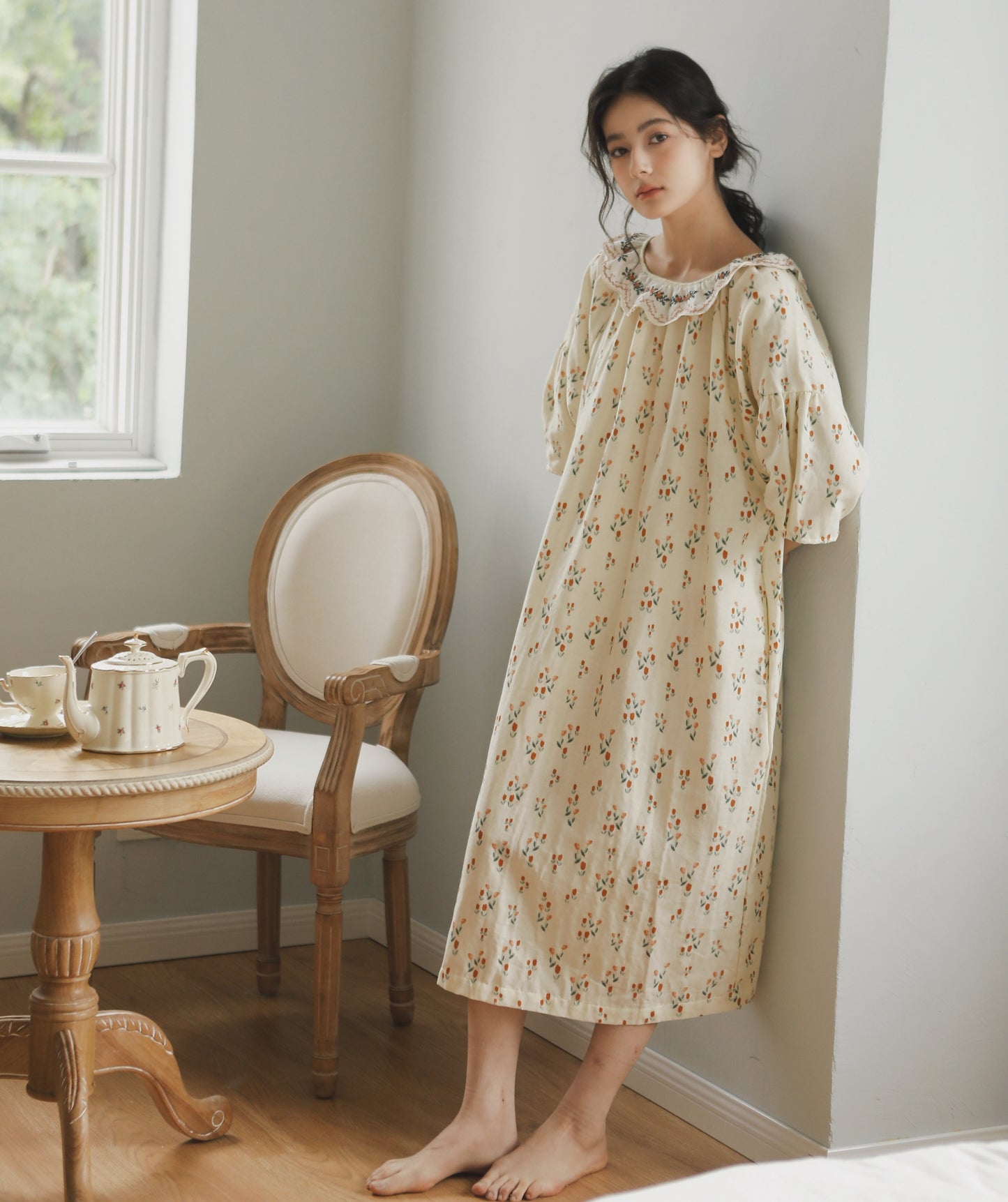 Flora Embroidery Cottagecore Dress: Cozy Loose-Fit Nightie with Cotton Comfort