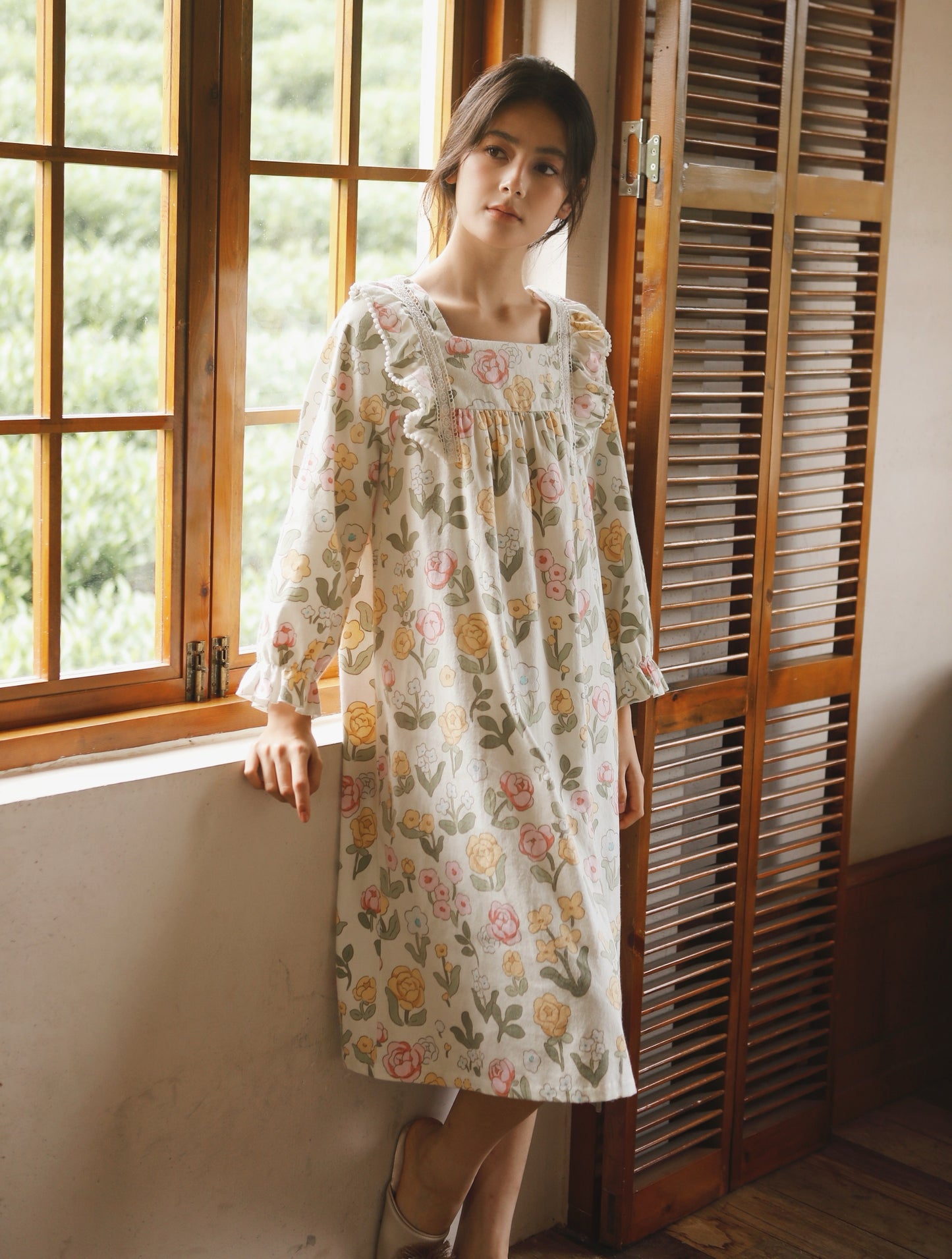 Cottagecore Elegance: Flannel Floral Nightgown, Vintage-inspired Cotton Dress, Cozy Gift for Her