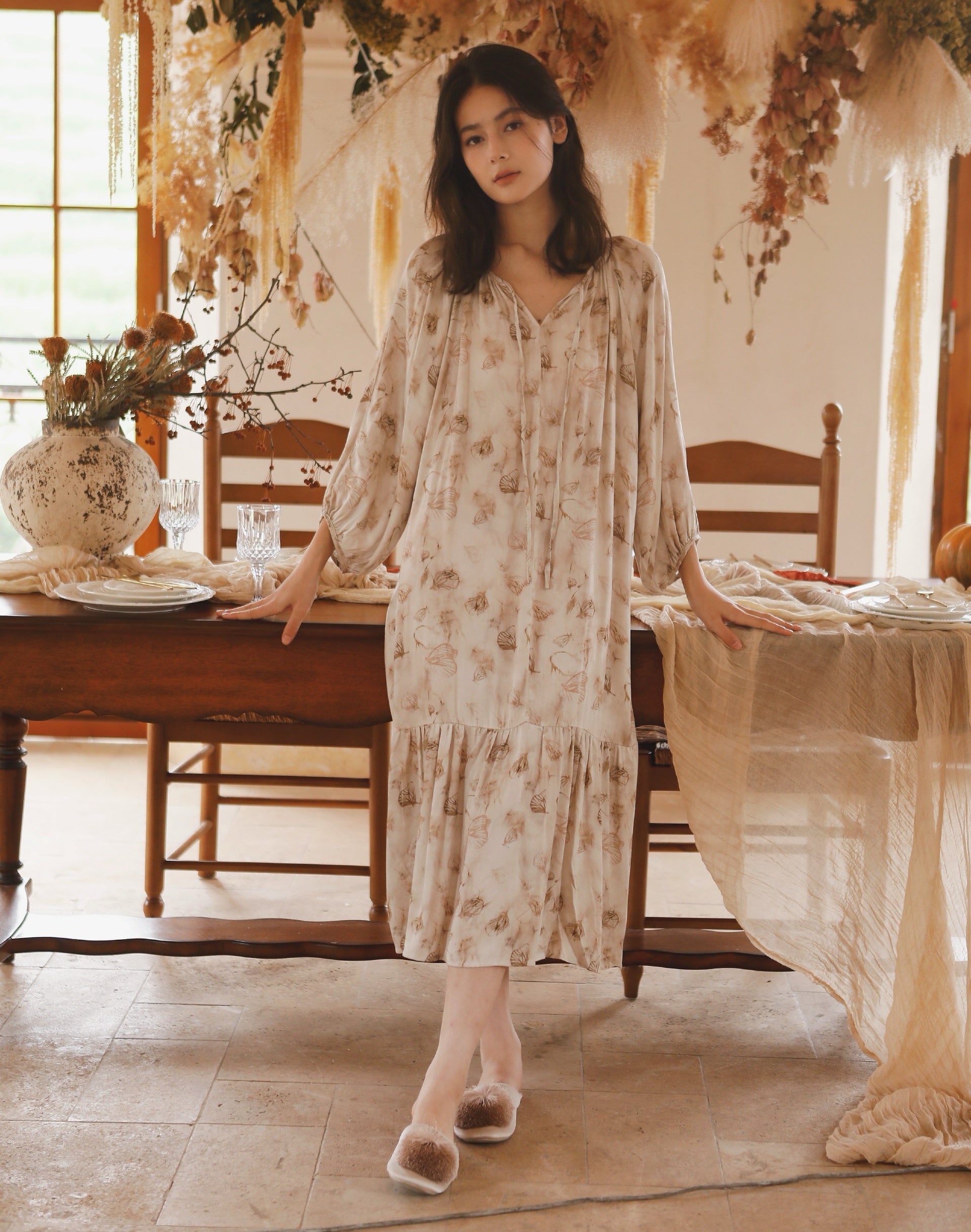 Butterfly Print Dress: Beige Morning Gown
