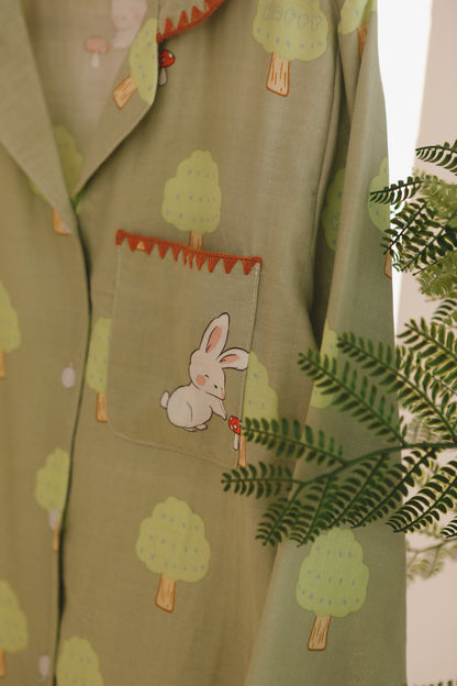 Mushroom print PJS set, Peter Rabbit women Pajama set, Pure cotton sleepwear, Spring loungewear