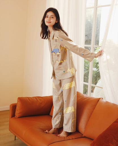 Embroidered Elephant Charm: Flannel Cotton Women's Pajama Set - Pure Cotton Homewear, Ideal Gift for Her