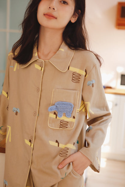 Embroidered Elephant Charm: Flannel Cotton Women's Pajama Set - Pure Cotton Homewear, Ideal Gift for Her