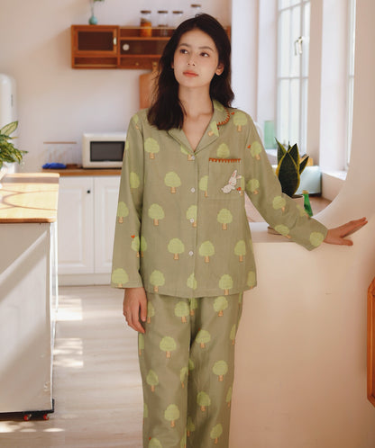 Mushroom print PJS set, Peter Rabbit women Pajama set, Pure cotton sleepwear, Spring loungewear