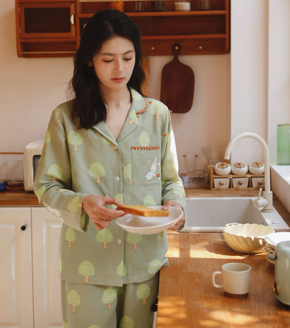 Mushroom print PJS set, Peter Rabbit women Pajama set, Pure cotton sleepwear, Spring loungewear