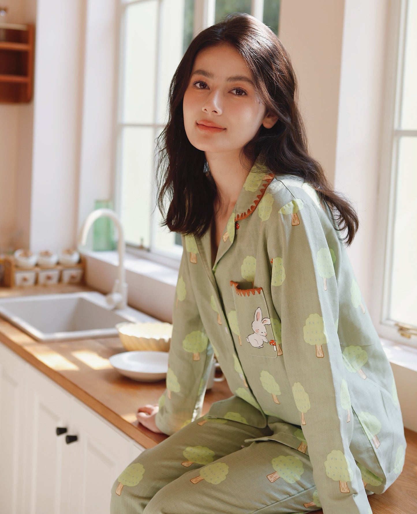 Mushroom print PJS set, Peter Rabbit women Pajama set, Pure cotton sleepwear, Spring loungewear