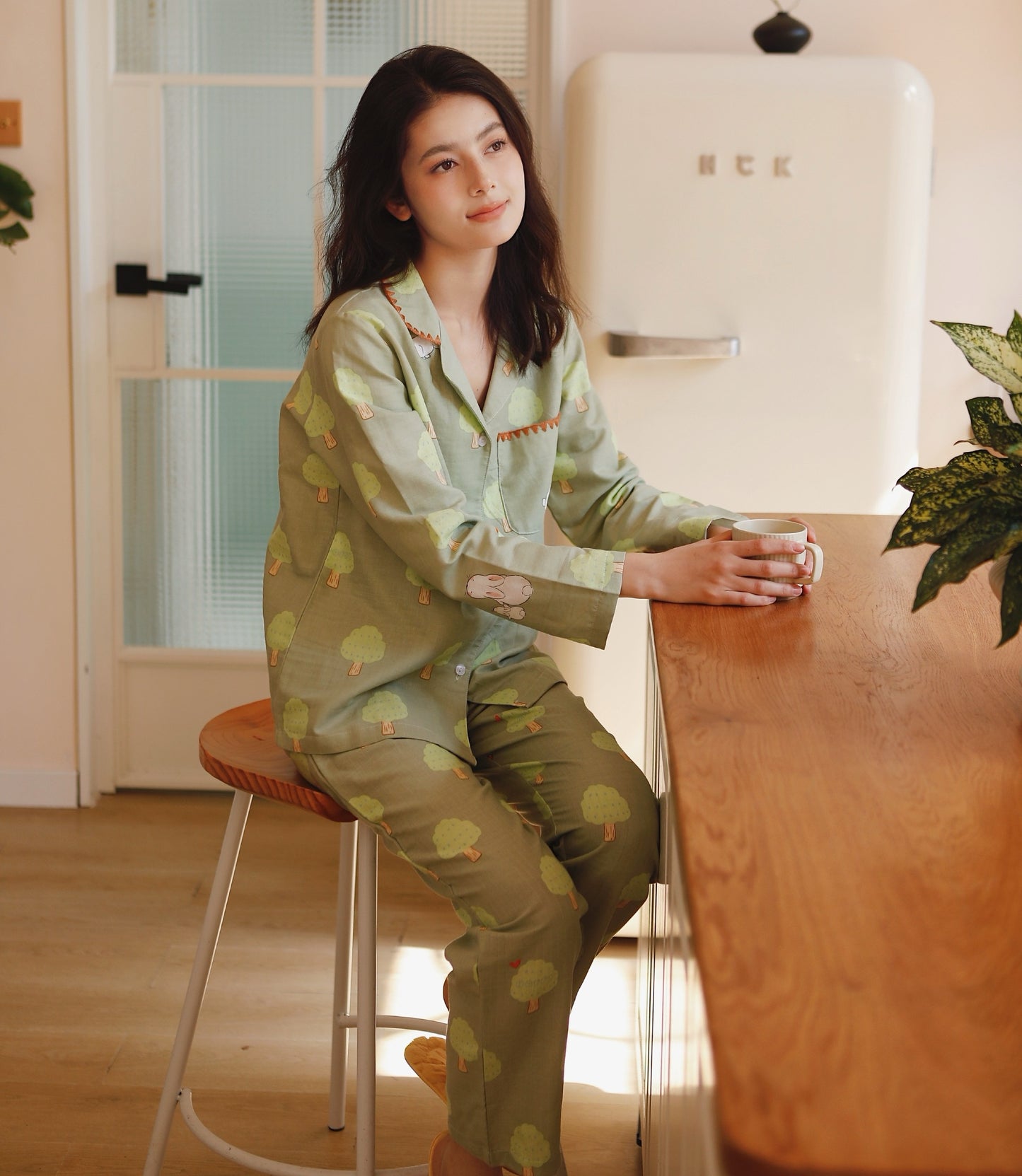 Mushroom print PJS set, Peter Rabbit women Pajama set, Pure cotton sleepwear, Spring loungewear