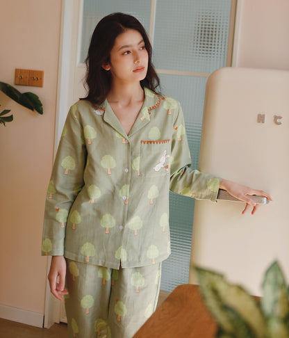 Mushroom print PJS set, Peter Rabbit women Pajama set, Pure cotton sleepwear, Spring loungewear