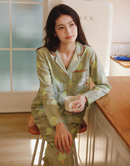 Mushroom print PJS set, Peter Rabbit women Pajama set, Pure cotton sleepwear, Spring loungewear