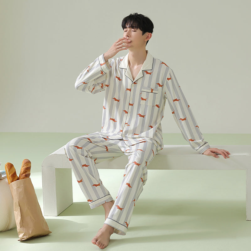 Dachshund Patterned Pajamas: Adorable Puppy-Print Sleepwear, 100% Cotton Men's Pyjamas, Ideal Gift for Him