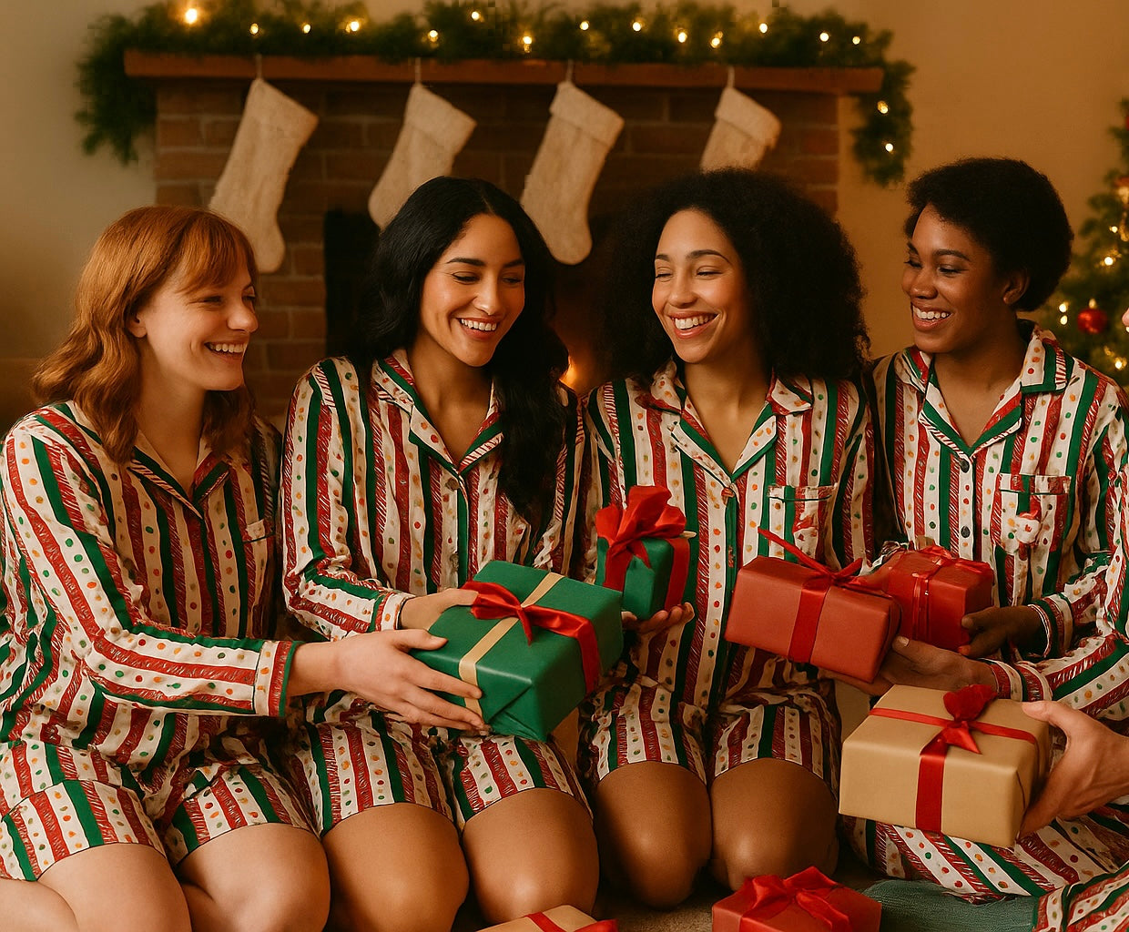Unsex Christmas Pajama Set – Red Green Striped Santa Print Sleepwear