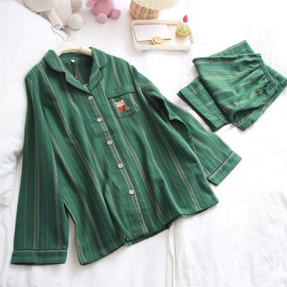 Green striped pajama set, Raccoon embroidery PJS, 100% cotton Matching PJS, Couple Pajamas, Valentine's Day Gift