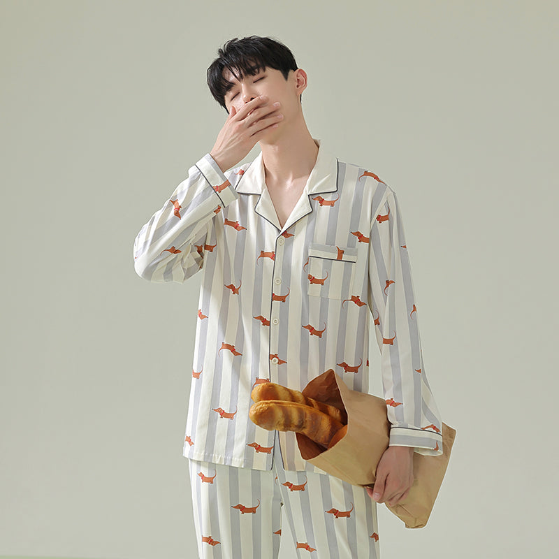 Dachshund Patterned Pajamas: Adorable Puppy-Print Sleepwear, 100% Cotton Men's Pyjamas, Ideal Gift for Him
