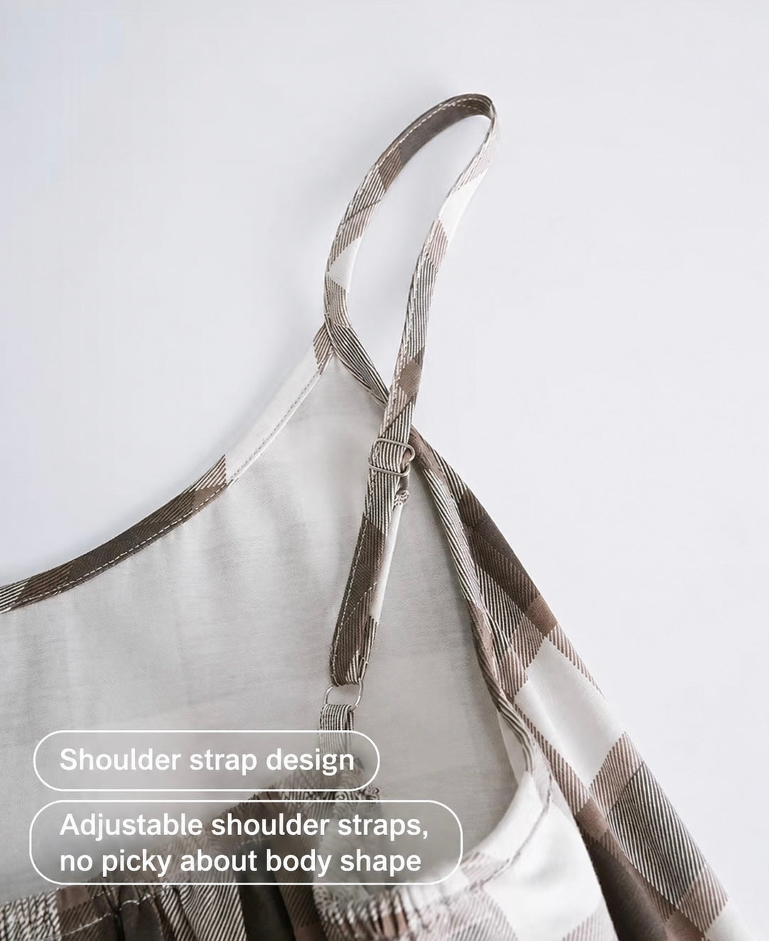 Brown Gingham Cotton Lounge Dress, Slip Dress ETCOZY