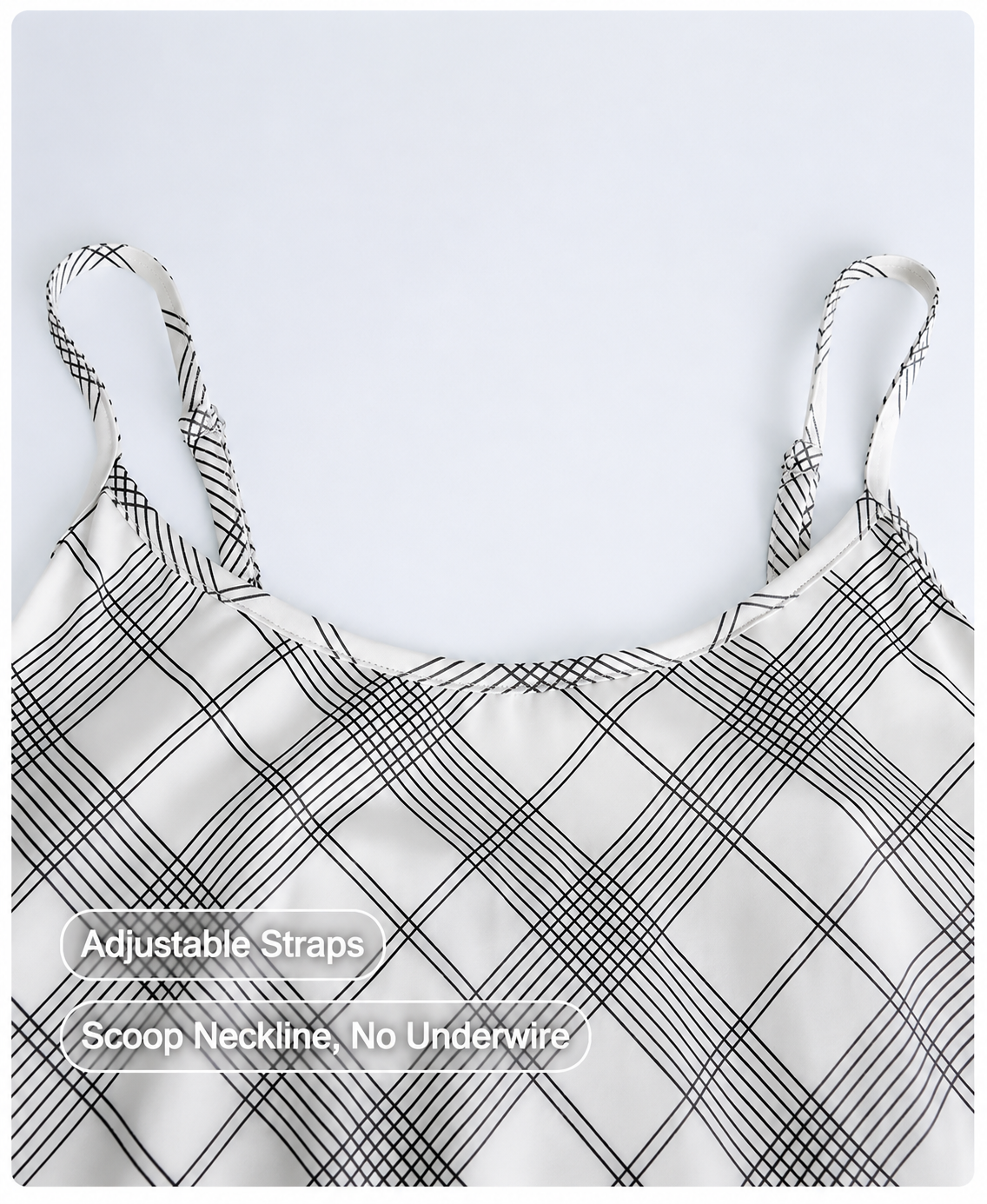 Ivory Plaid Cotton Lounge Dress, Adjustable Strap Sleep Dress with Pockets