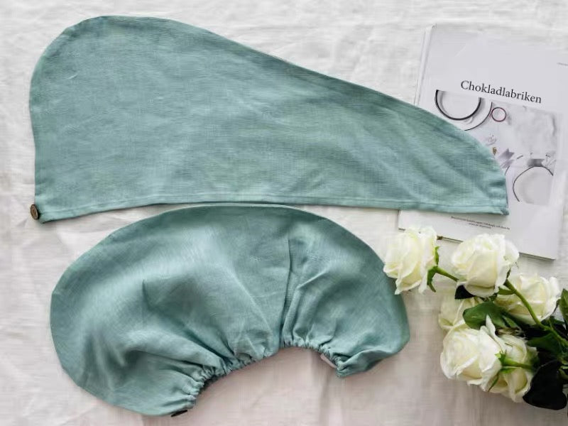 Oatmeal Beige Linen Hair Towel Wrap Set, 2 Pieces