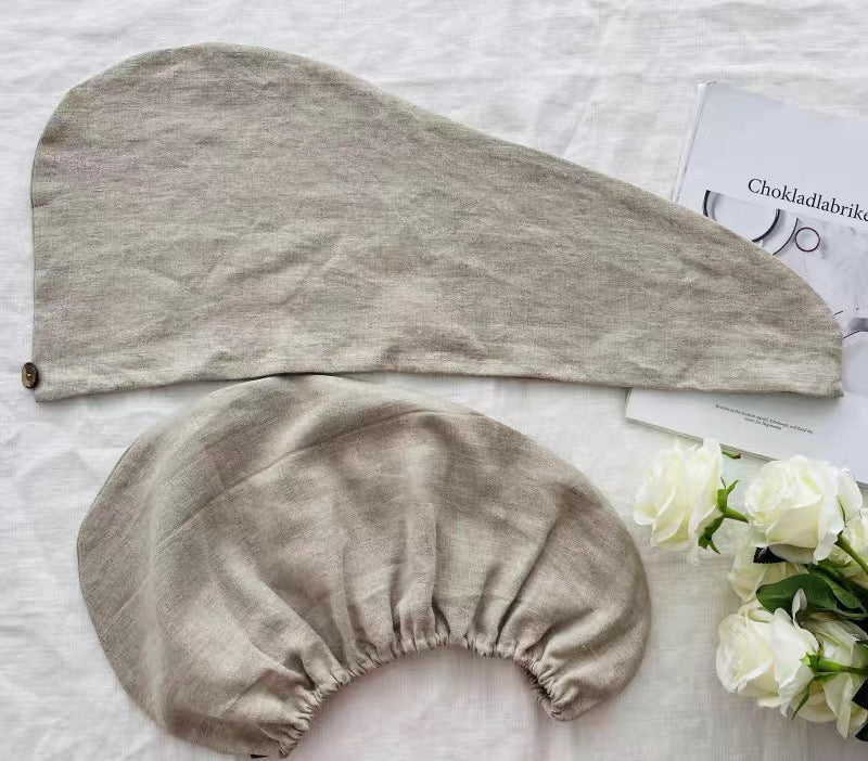 Aqua Green Linen Hair Towel Wrap Set, 2 Pieces