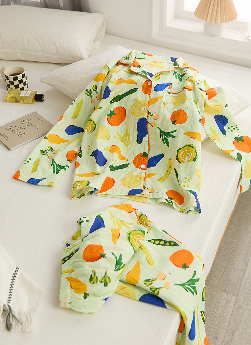 Vegetable & Fruits Pyjamas, 100% cotton PJS, Women Pajama set, Fall Clothing