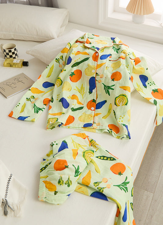 Vegetable & Fruits Pyjamas, 100% cotton PJS, Women Pajama set, Fall Clothing