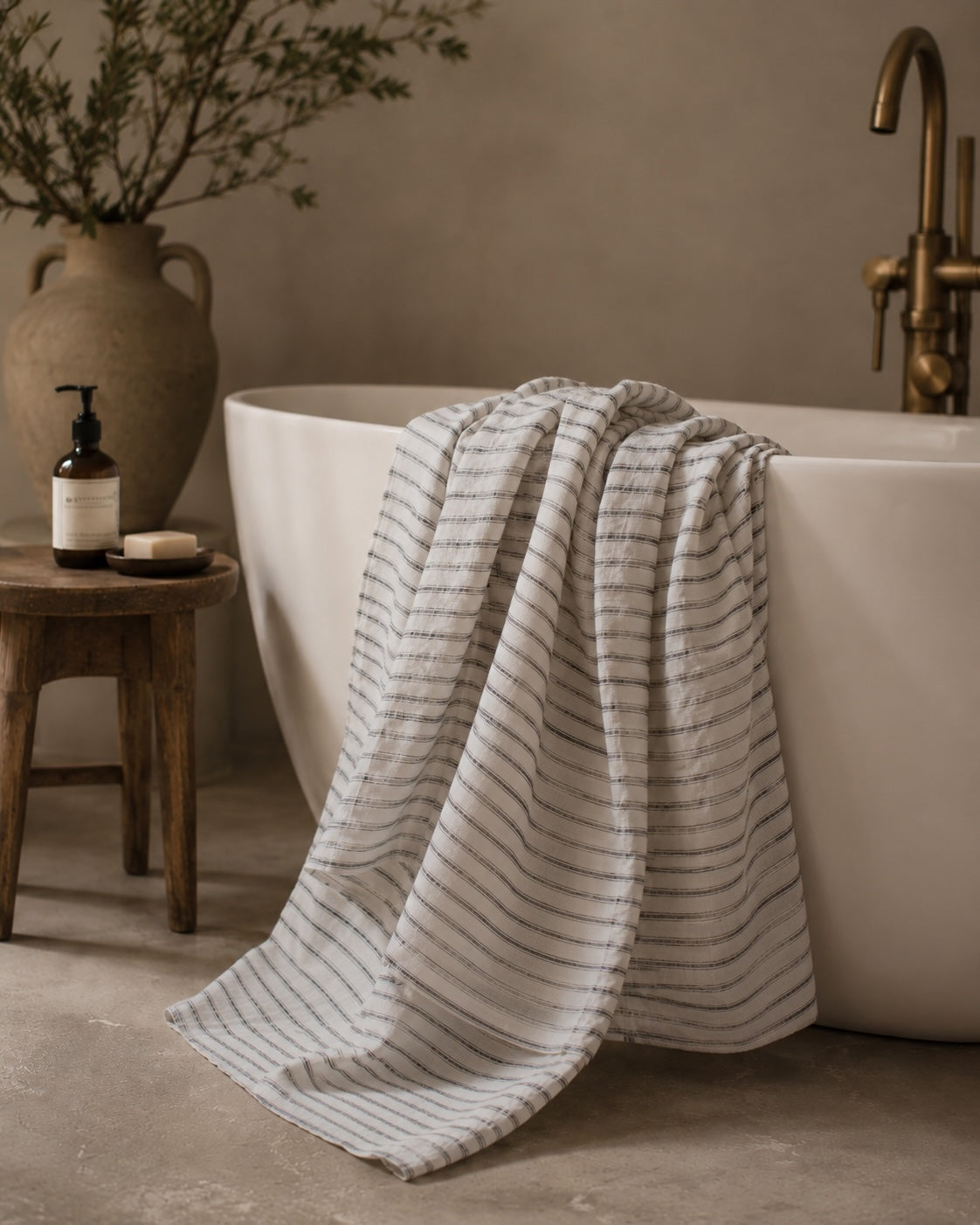 Grey Striped Linen Bath Towel, Lightweight Spa Towel