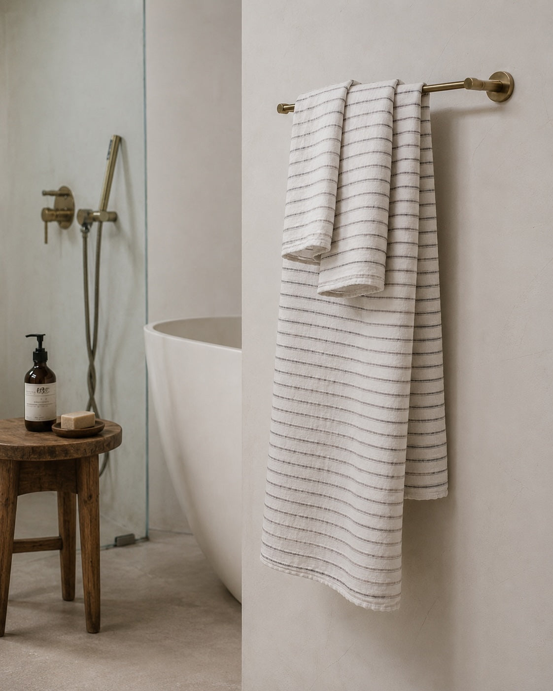 Grey Striped Linen Bath Towel, Lightweight Spa Towel