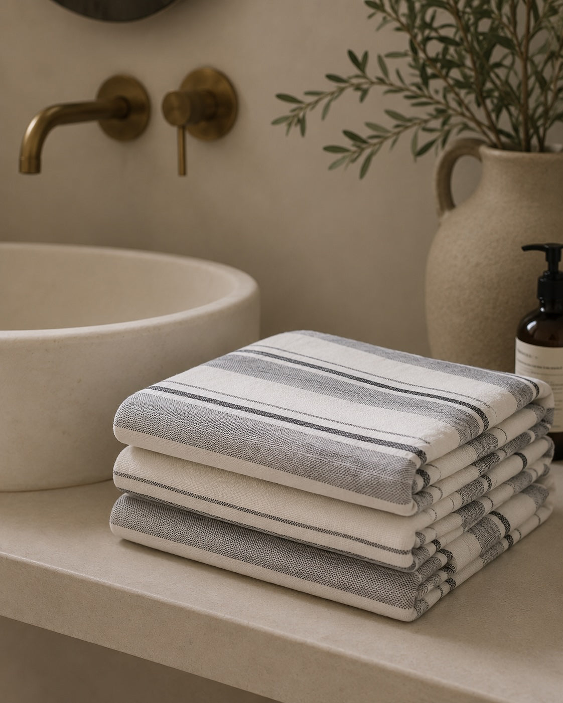 Grey Stripe Linen Bath Towel, Lightweight Spa Towel
