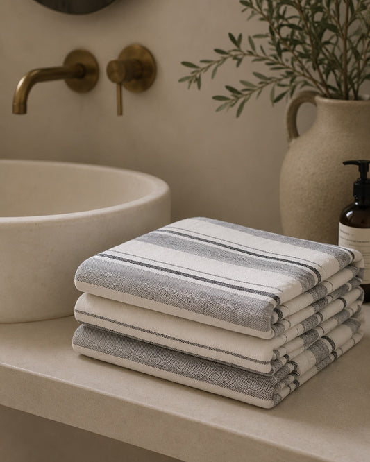 Grey Stripe Linen Bath Towel, Lightweight Spa Towel