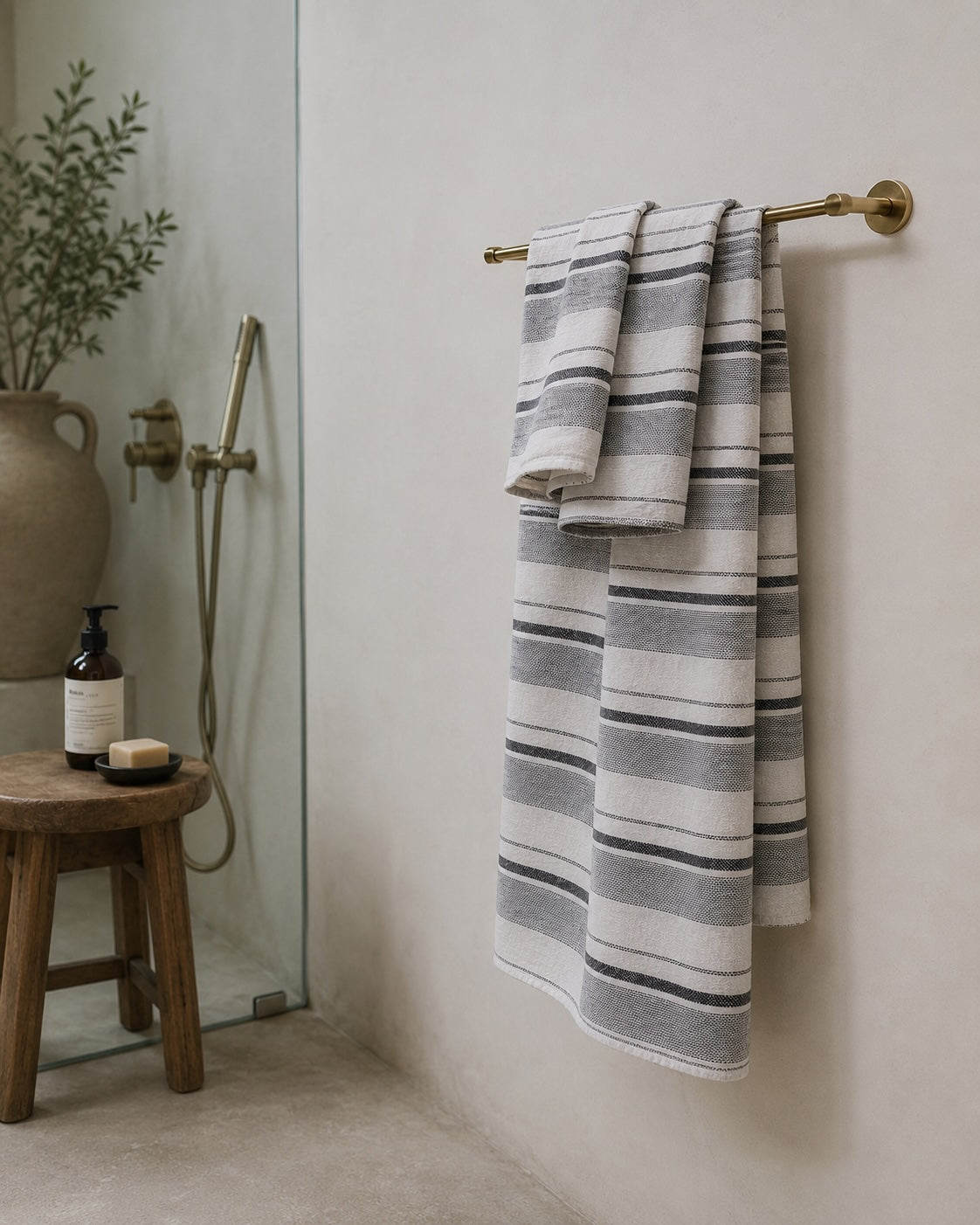 Grey Stripe Linen Bath Towel, Lightweight Spa Towel
